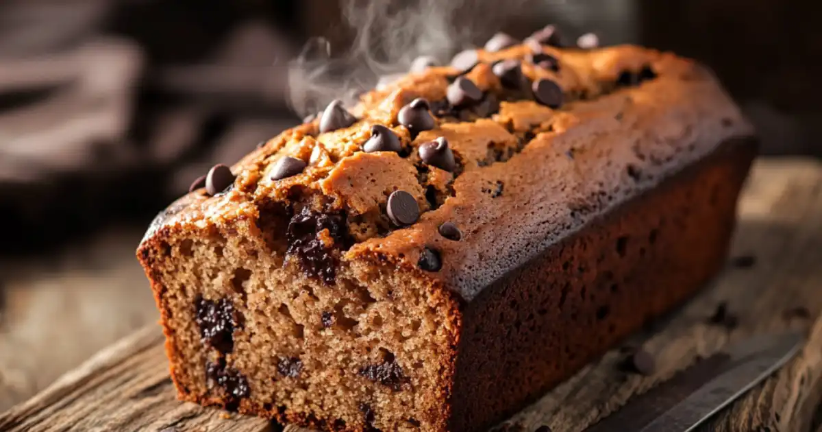 Freshly baked chocolate chip banana bread loaf, steaming and topped with melted chocolate chips, sitting on a rustic wooden surface