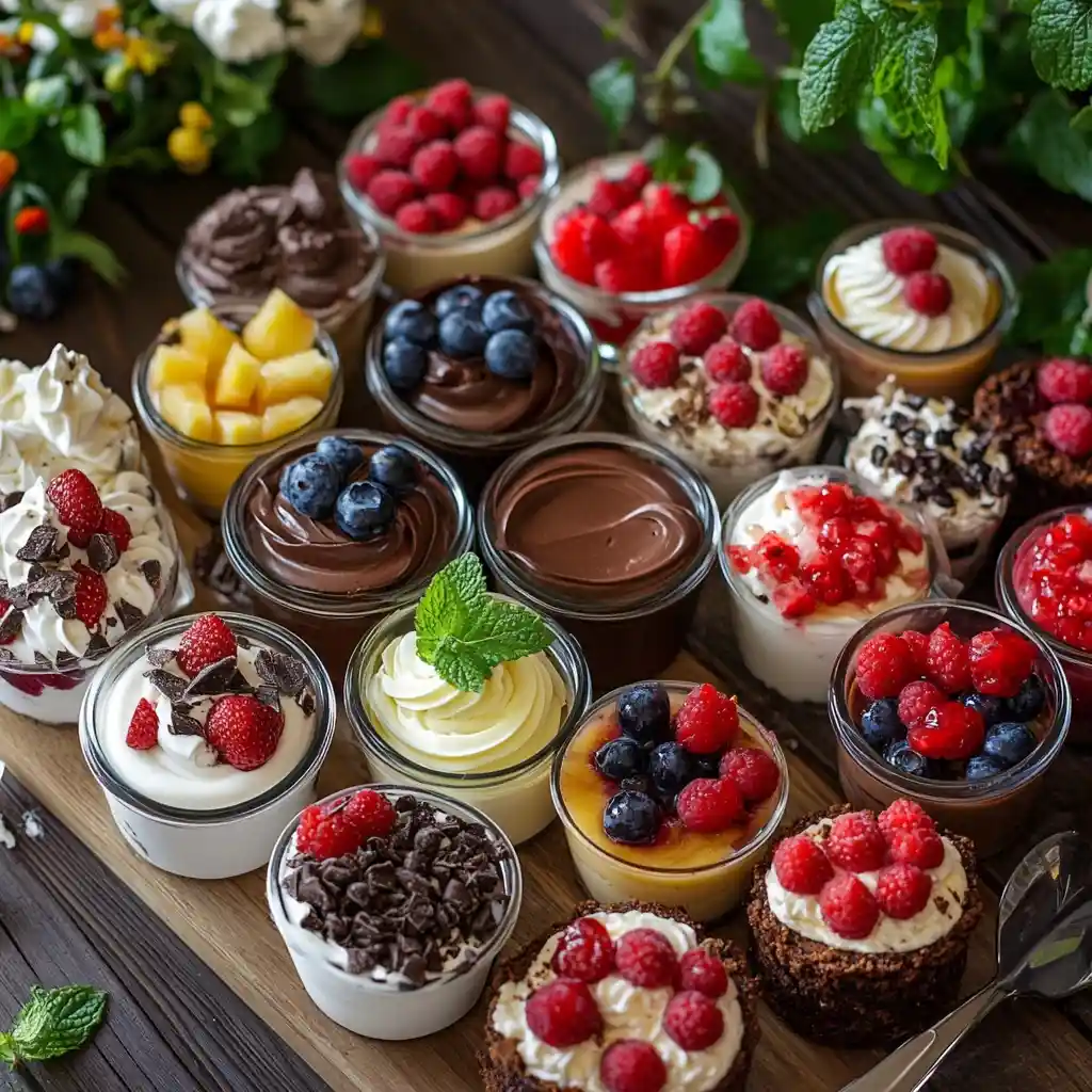 A colorful assortment of mini dessert jars filled with chocolate mousse, whipped cream, berries, and custards.