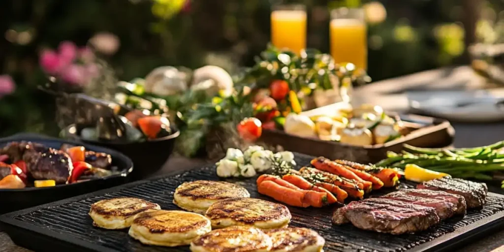 A Blackstone griddle filled with grilled steaks, vegetables, and pancakes in a backyard party setting.