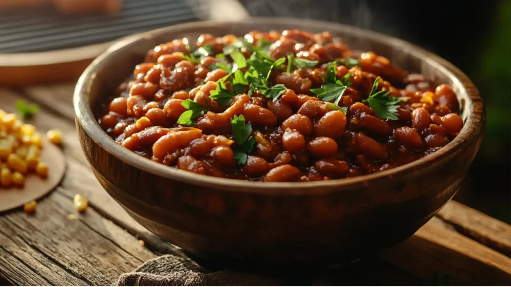 A rustic wooden table featuring a large bowl of baked beans in tangy red sauce, garnished with parsley, with cornbread and a barbecue grill in the background.