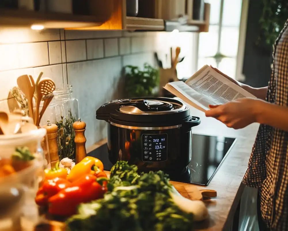 A person standing in a cozy kitchen, reading an Instant Pot manual, with vegetables and spices arranged on the counter nearby.