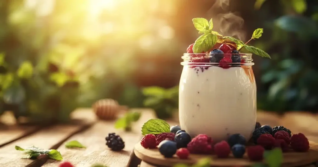 Jar of creamy yogurt layered with fresh berries, garnished with mint leaves, glowing in warm sunlight.