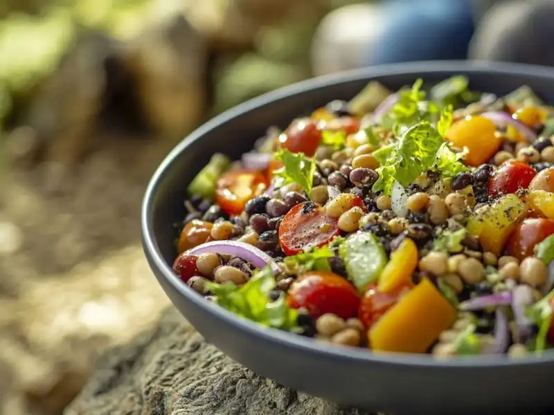 A vibrant salad of black-eyed peas, cherry tomatoes, bell peppers, and onions.