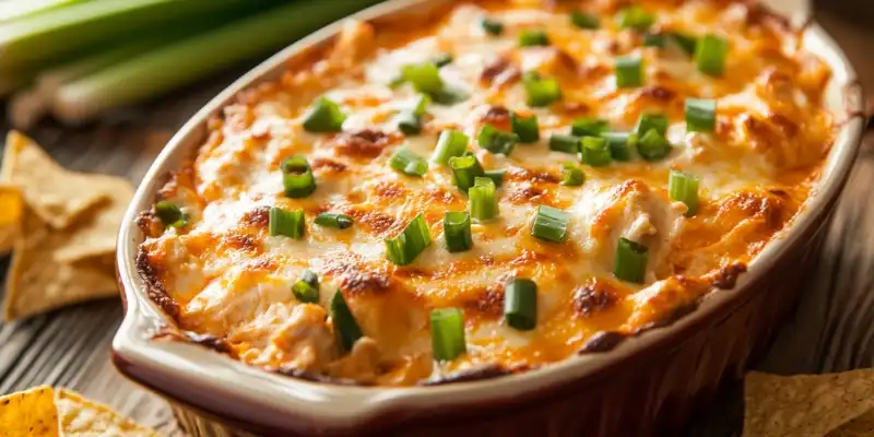 A dish of bubbling hot Buffalo chicken dip, garnished with fresh green onions and served with tortilla chips.