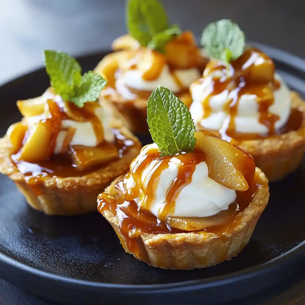 Mini caramel apple tarts topped with whipped cream and fresh mint leaves, served on a black plate.