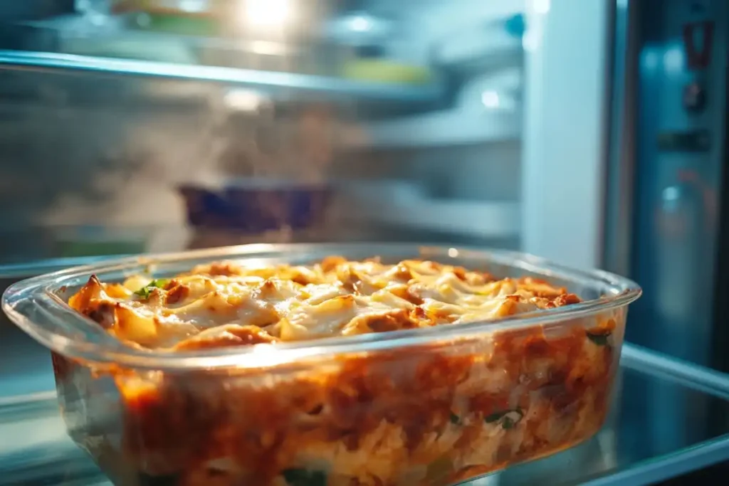 A freshly cooked casserole stored in a glass container inside a refrigerator.