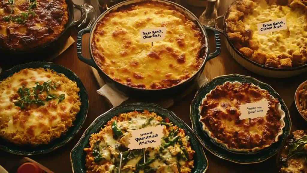 A variety of casseroles on a table, labeled as Texan Ranch, Cheesy Spinach, and more.