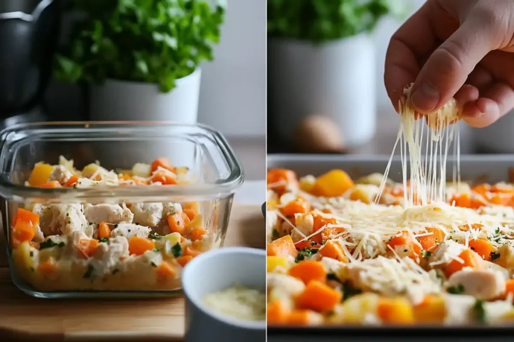 A clear glass dish filled with diced chicken, carrots, and herbs, with a hand sprinkling cheese on the casserole.