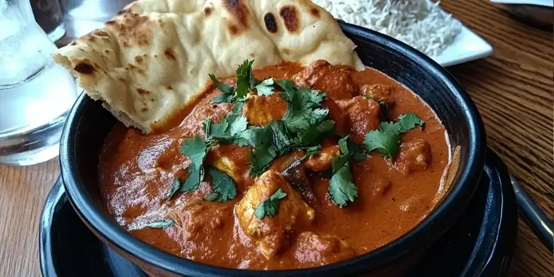 A bowl of vibrant Chicken Tikka Masala garnished with cilantro, served with naan bread and basmati rice.