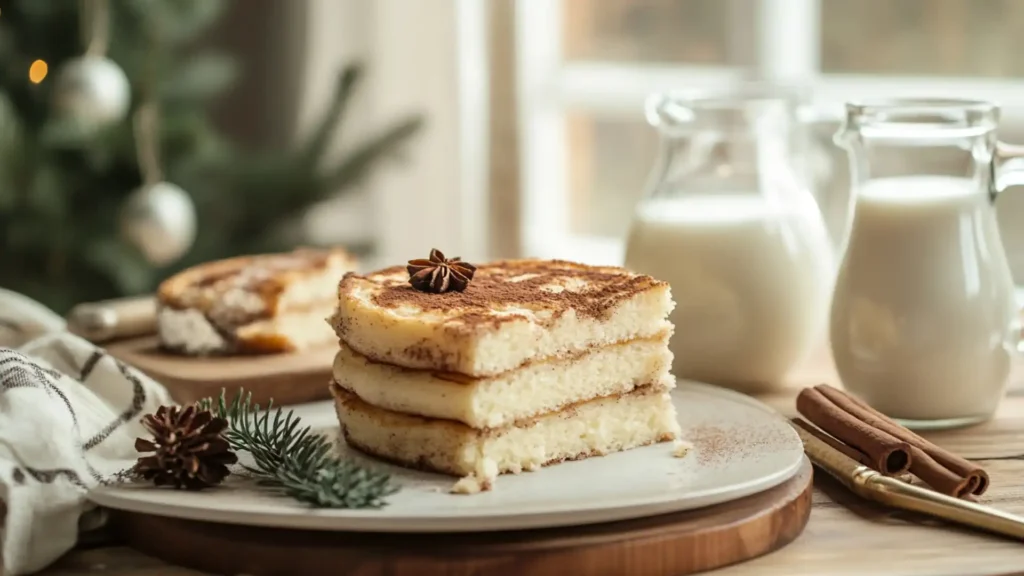 A plate of layered cinnamon cake slices made with sour milk, paired with a festive holiday background.