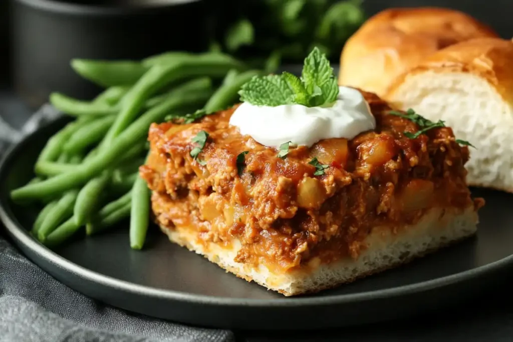 A slice of hearty beef casserole topped with sour cream, served with green beans and bread rolls.