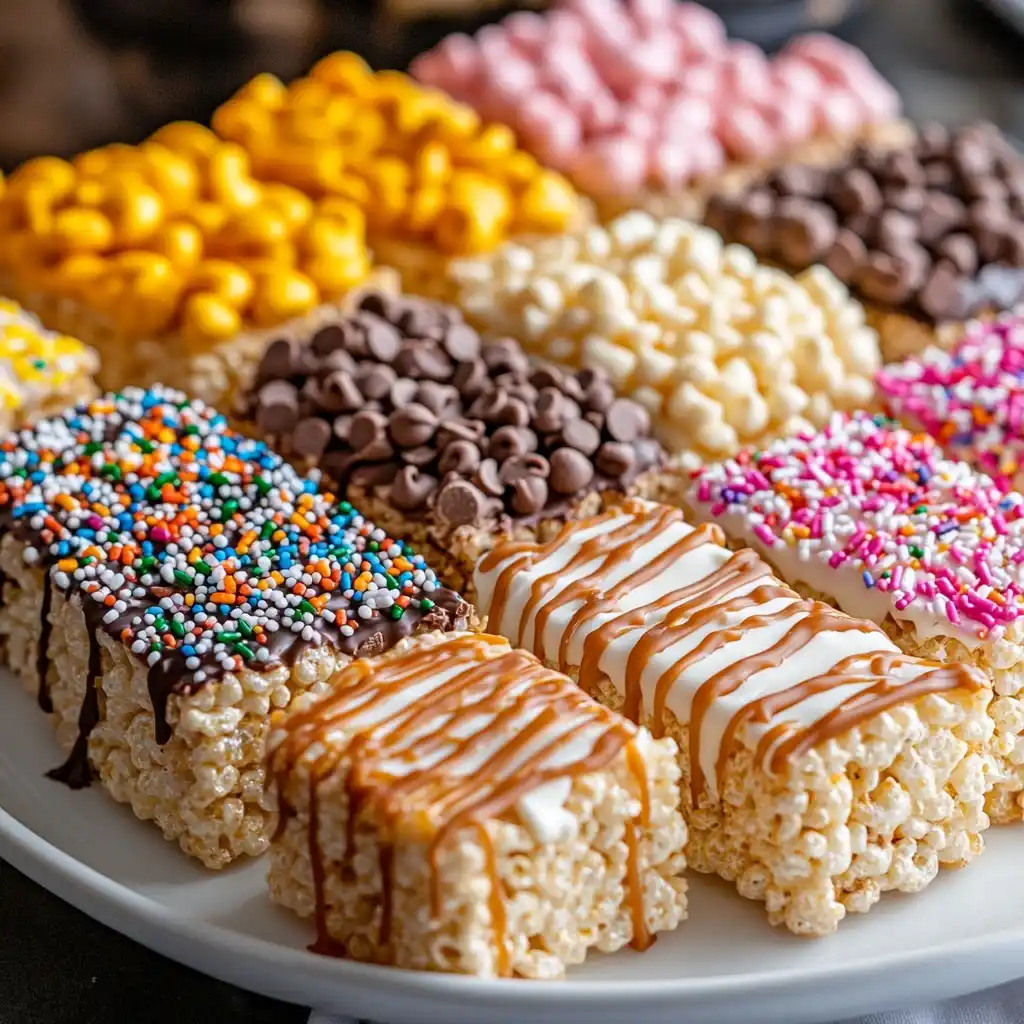 A plate of Rice Krispie Treats with colorful toppings such as chocolate chips, sprinkles, and caramel drizzle.