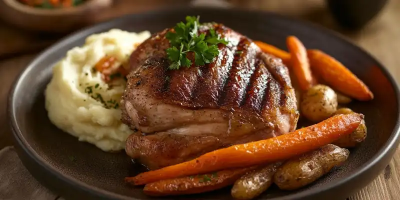 Classic roast chicken served with mashed potatoes, roasted carrots, and garnished with fresh parsley.