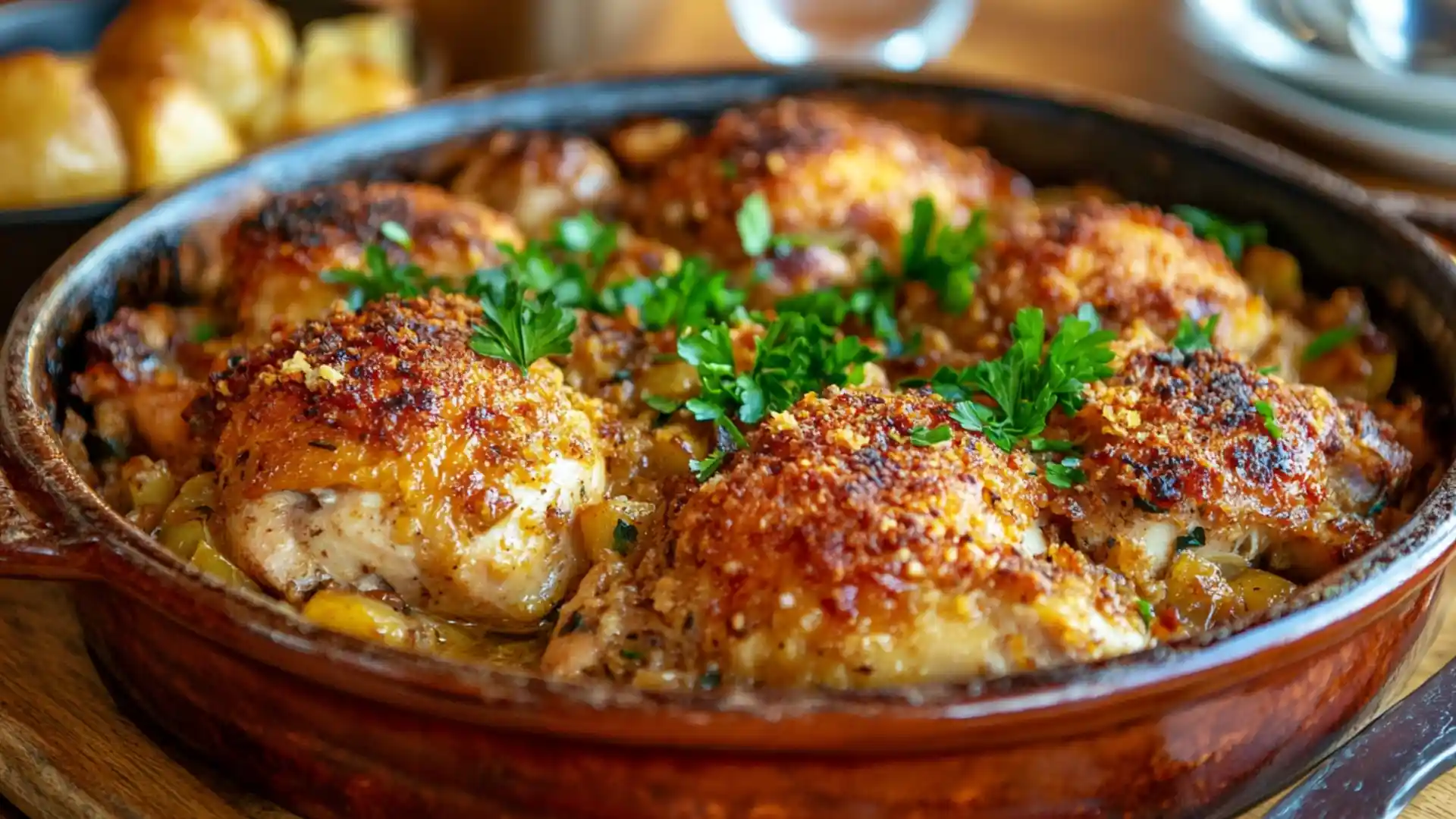 A golden-brown chicken casserole with crispy breadcrumbs and parsley garnish.