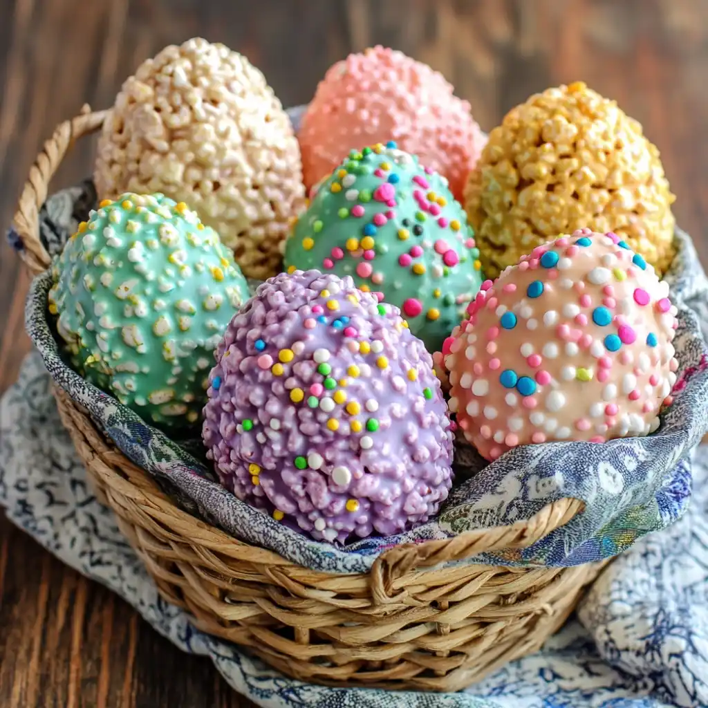 A basket filled with colorful Rice Krispie Treats shaped like Easter eggs, decorated with pastel icing and sprinkles.