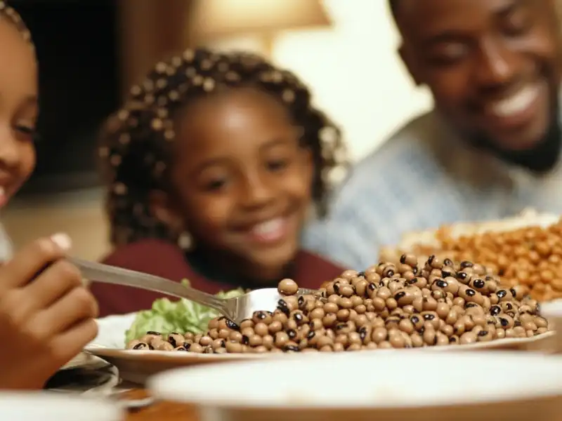 A smiling family sharing a meal with a dish of black-eyed peas as the centerpiece.