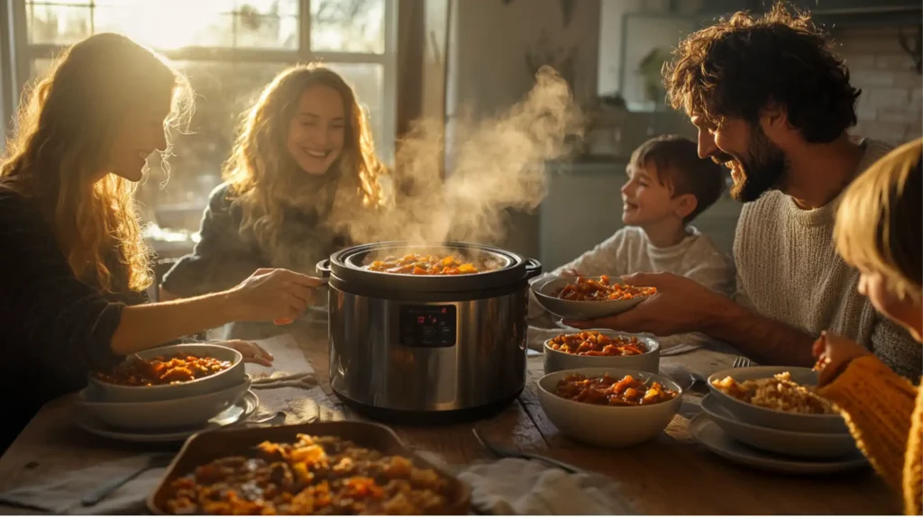 A happy family of four sitting around a wooden table, enjoying a home-cooked meal prepared in an Instant Pot, with steam rising from bowls of stew.