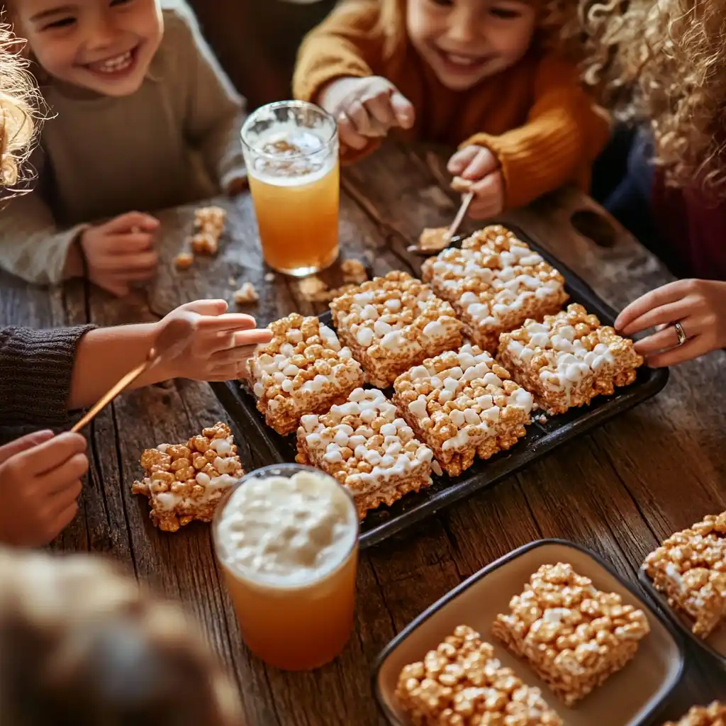 A family enjoying Rice Krispie Treats at a cozy dinner table, laughing and sharing.