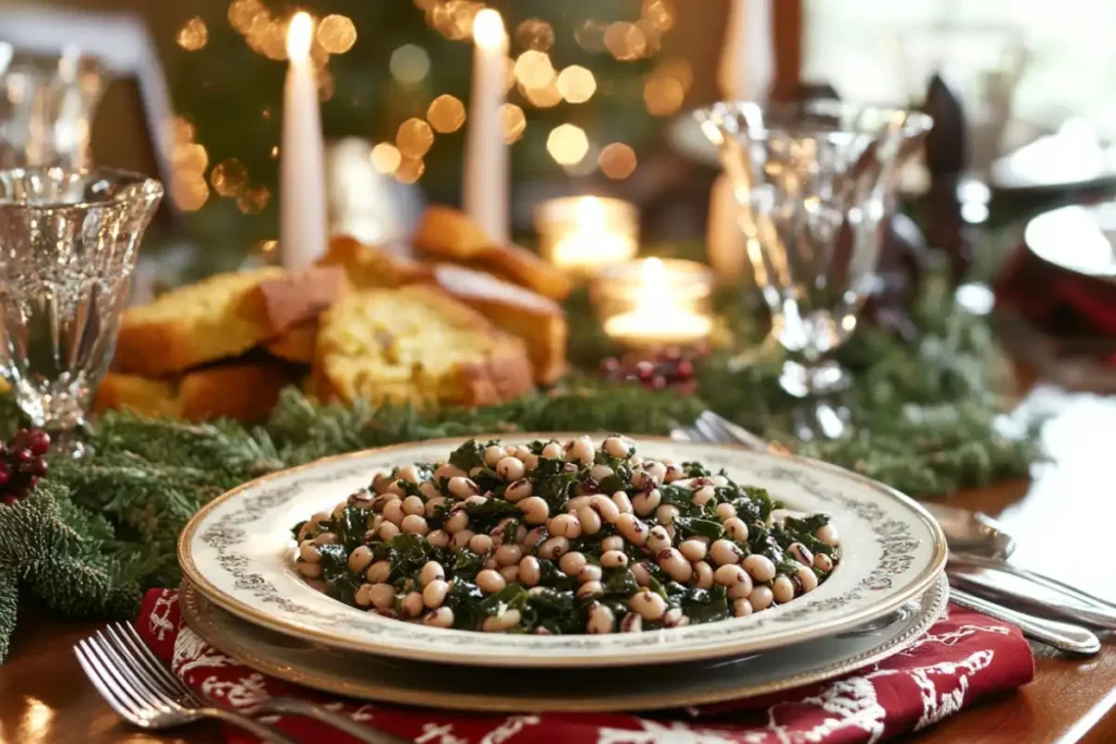 A holiday table setting with black-eyed peas, cornbread, and festive decorations.