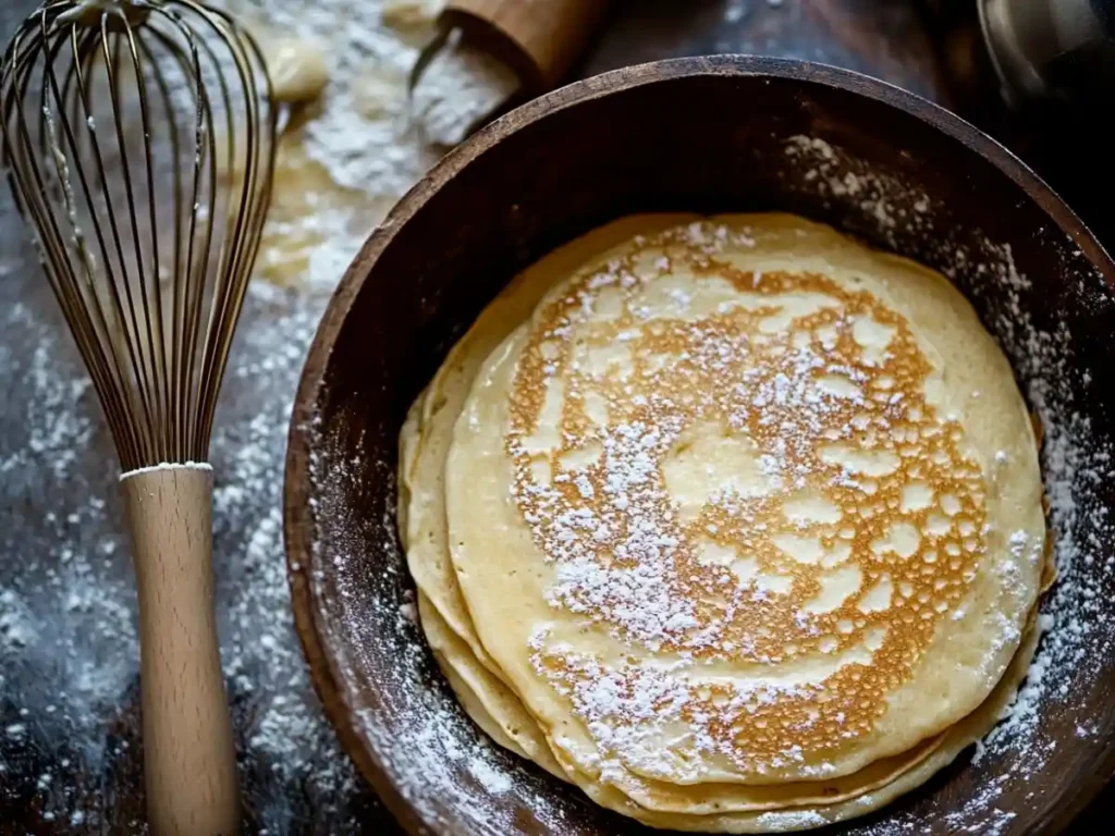 A stack of golden sourdough pancakes sprinkled with powdered sugar, served in a rustic wooden bowl next to a whisk.