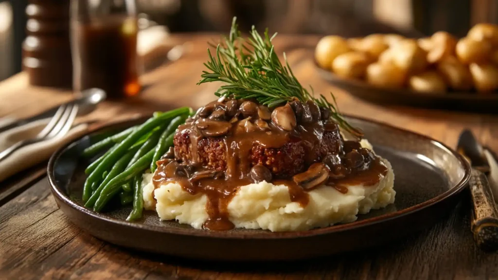 Gourmet Salisbury steak with mushroom gravy, plated with rosemary sprigs, mashed potatoes, and green beans.