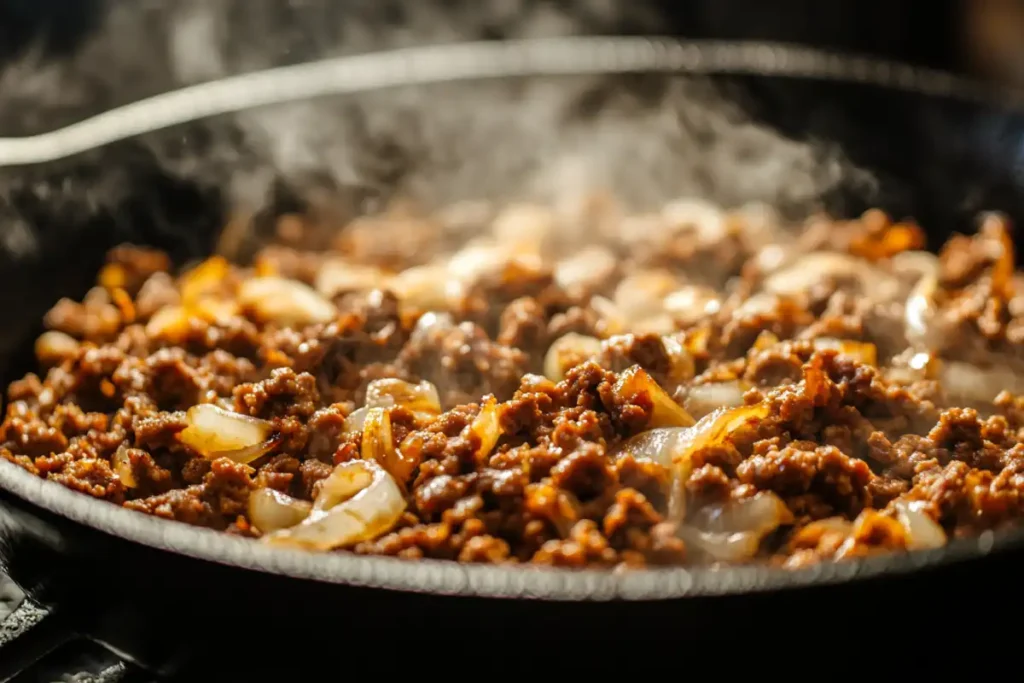 A cast iron skillet with browned ground beef and sautéed onions, steam rising under warm kitchen lighting.