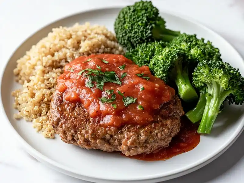 A healthier version of Salisbury steak made with turkey, served with quinoa and steamed broccoli.