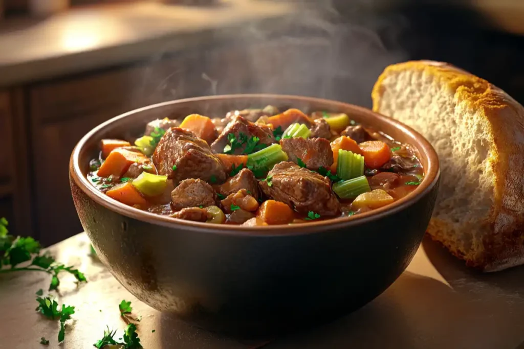 A steaming bowl of beef stew with tender chunks of beef, carrots, potatoes, and celery, served with a loaf of crusty bread on a kitchen counter.