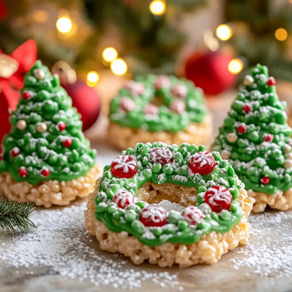 Rice Krispie Treats shaped like holiday wreaths and Christmas trees, decorated with icing and candy.