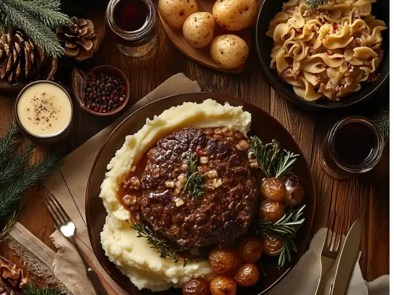 Salisbury steak served as a holiday meal with mashed potatoes, roasted vegetables, and festive decor.