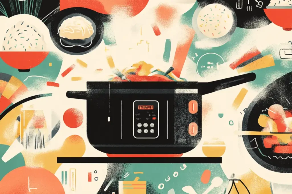 A colorful graphic collage showcasing an Instant Pot performing multiple functions like sautéing, steaming, and cooking, with vibrant food illustrations.