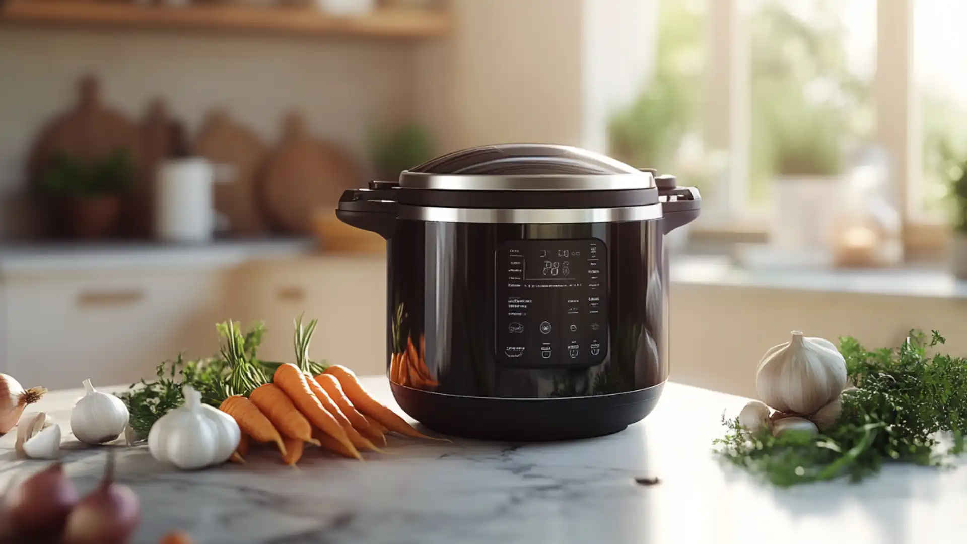 A happy family of four sitting around a wooden table, enjoying a home-cooked meal prepared in an Instant Pot, with steam rising from bowls of stew.