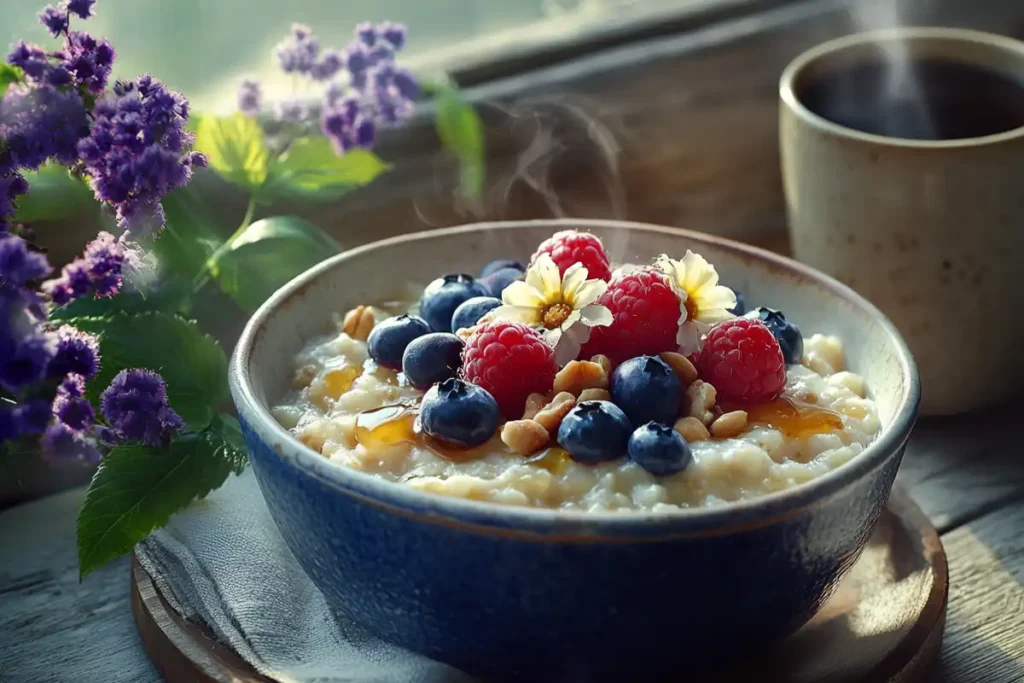 A bowl of creamy oatmeal topped with blueberries, raspberries, nuts, and honey, with a steaming cup of coffee and flowers nearby on a wooden table.