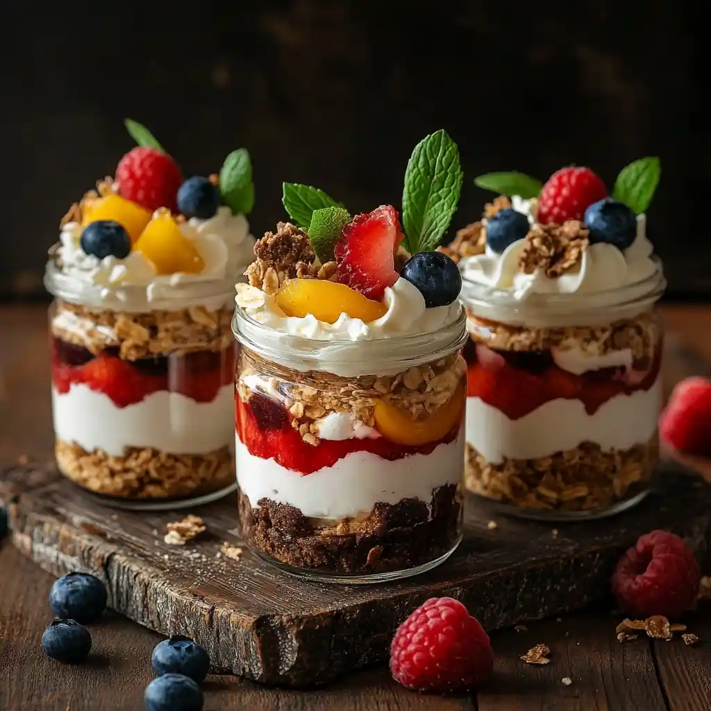 Three mason jars filled with layered yogurt, granola, fresh berries, and peach slices on a wooden board.