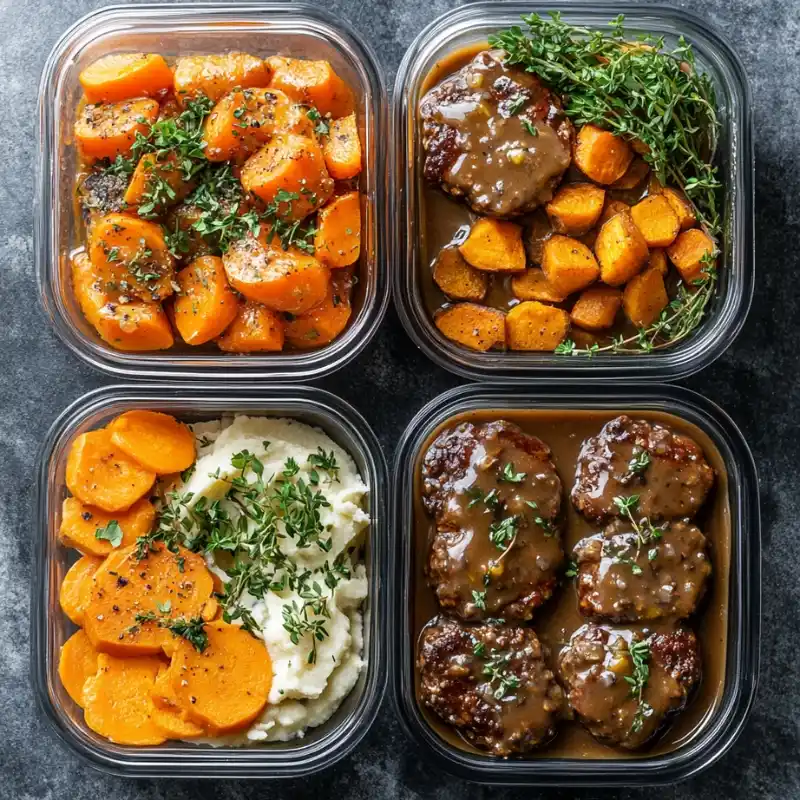 Meal prep containers with Salisbury steak, mashed potatoes, and roasted carrots, garnished with thyme.