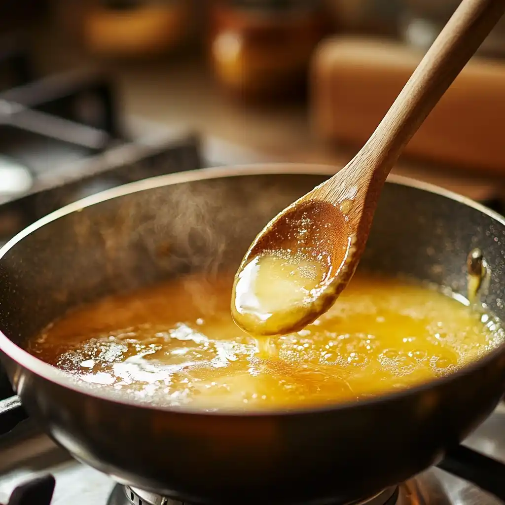 Butter melting in a saucepan with steam rising and a wooden spoon stirring.