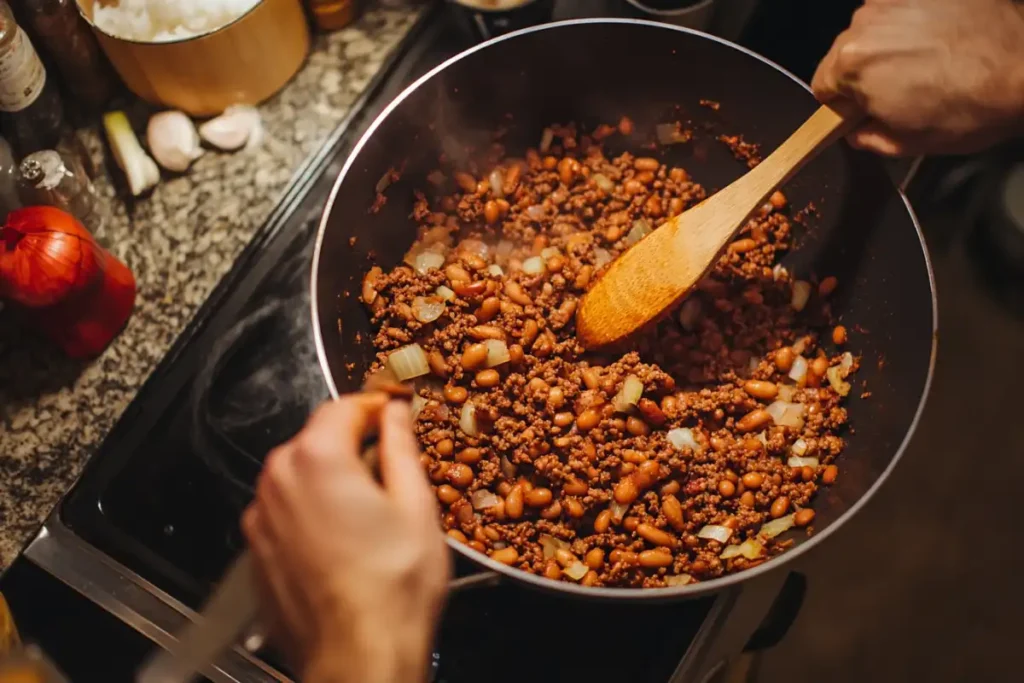 A large mixing bowl filled with baked beans, ground beef, and sautéed onions, stirred with a wooden spoon in a cozy kitchen setting.