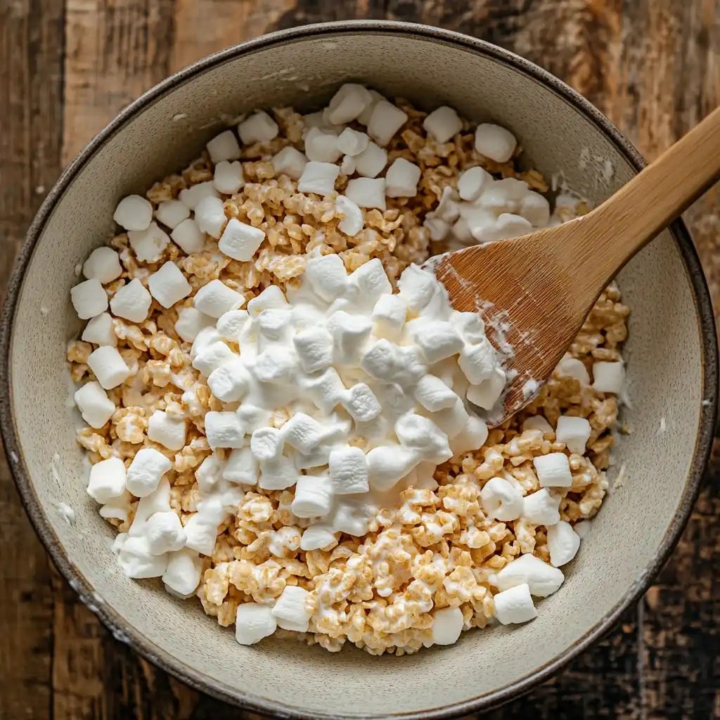 A mixing bowl with Rice Krispies cereal, melted marshmallows, and a wooden spoon.