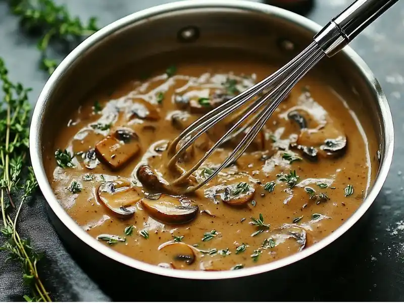 Thick, creamy mushroom gravy whisked in a pan, garnished with fresh thyme.