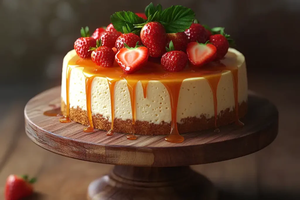 A creamy New York-style cheesecake topped with fresh strawberries and caramel drizzle, served on a rustic wooden cake stand.