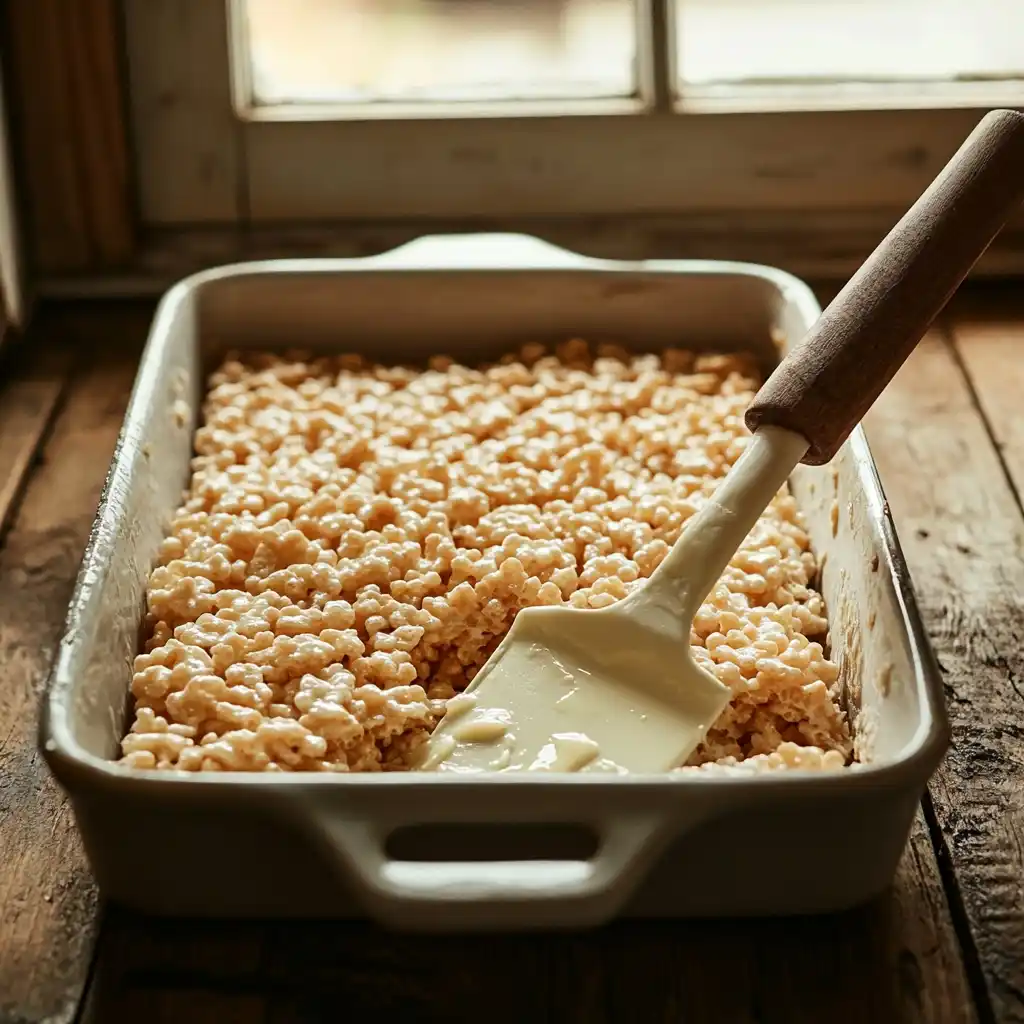 A baking dish filled with Rice Krispie Treats being evenly pressed with a buttered spatula.