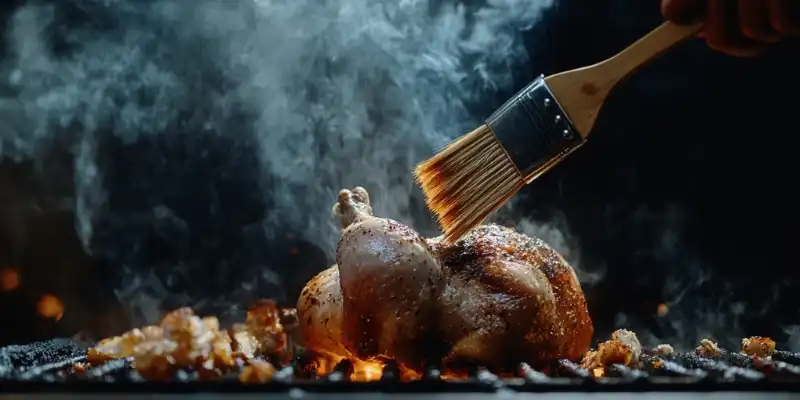 A whole rotisserie chicken being basted on a grill with a smoky background.