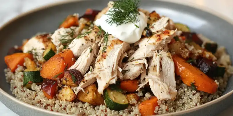 A plate of shredded rotisserie chicken over a bed of quinoa, roasted vegetables, and garnished with dill and a dollop of yogurt.