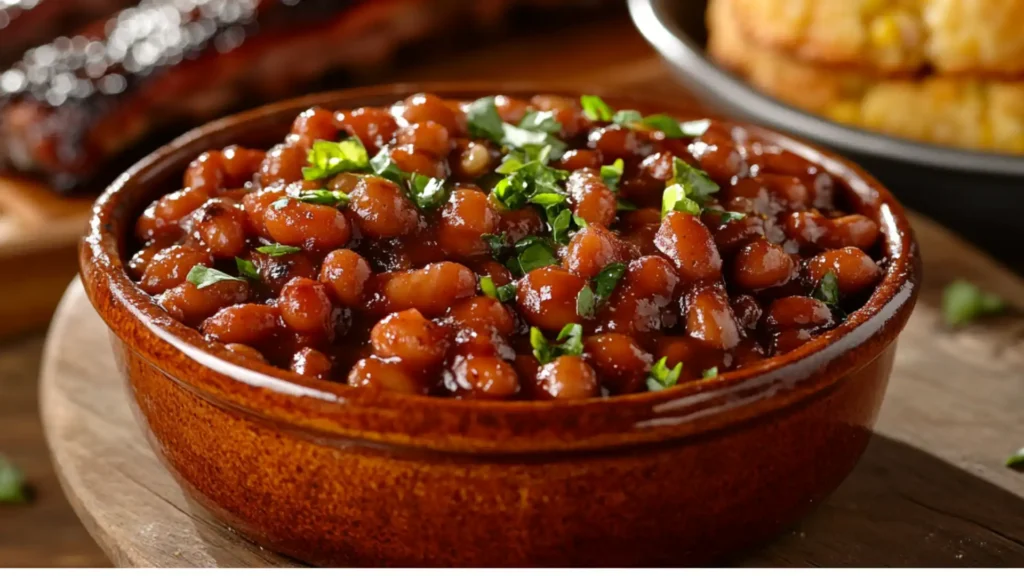 Baked beans in a rustic ceramic dish, served alongside cornbread and grilled ribs on a wooden table with a backyard BBQ setting in the background.