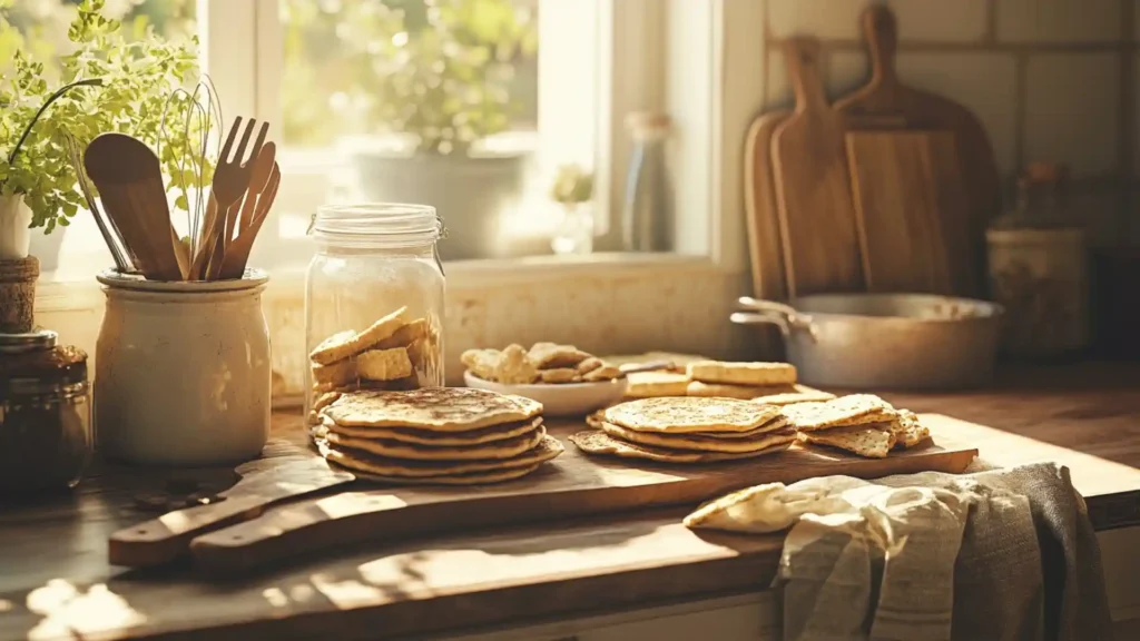 A rustic kitchen counter with sourdough pancakes, crackers, and jars of ingredients, bathed in warm sunlight.