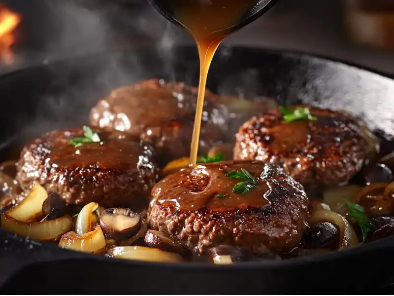 Salisbury steak patties cooking in a skillet with gravy being poured over, surrounded by onions and mushrooms.