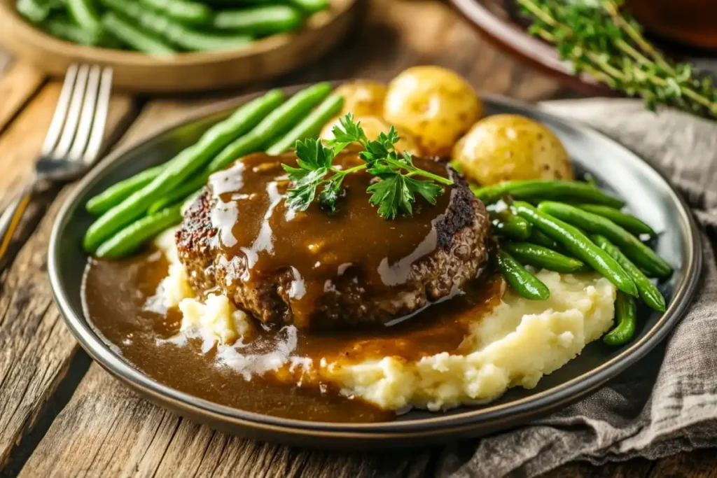 Plated Salisbury steak with creamy mashed potatoes, green beans, and parsley garnish.