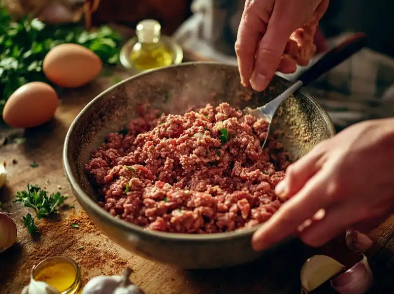 Salisbury steak patties cooking in a skillet with gravy being poured over, surrounded by onions and mushrooms.