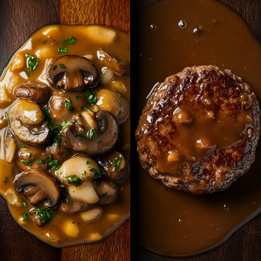 Side-by-side comparison of Salisbury steak with mushroom gravy and plain hamburger steak.