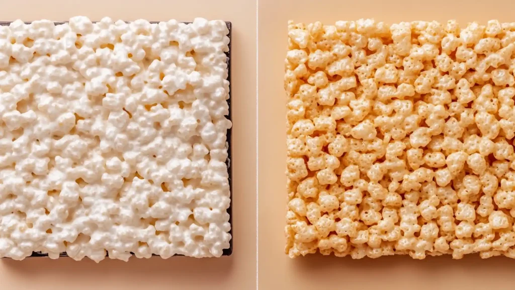 Side-by-side comparison of perfectly chewy Rice Krispie Treats and overcooked, hard treats.